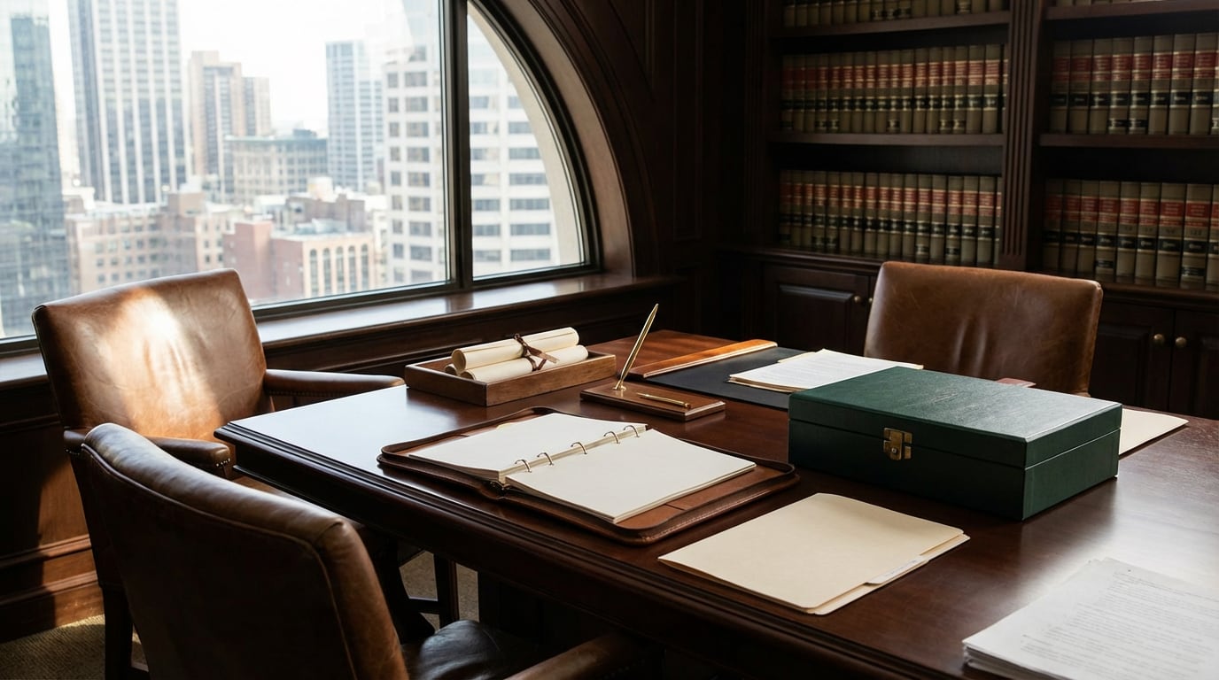 Private legal operations room with client folders and document packets
